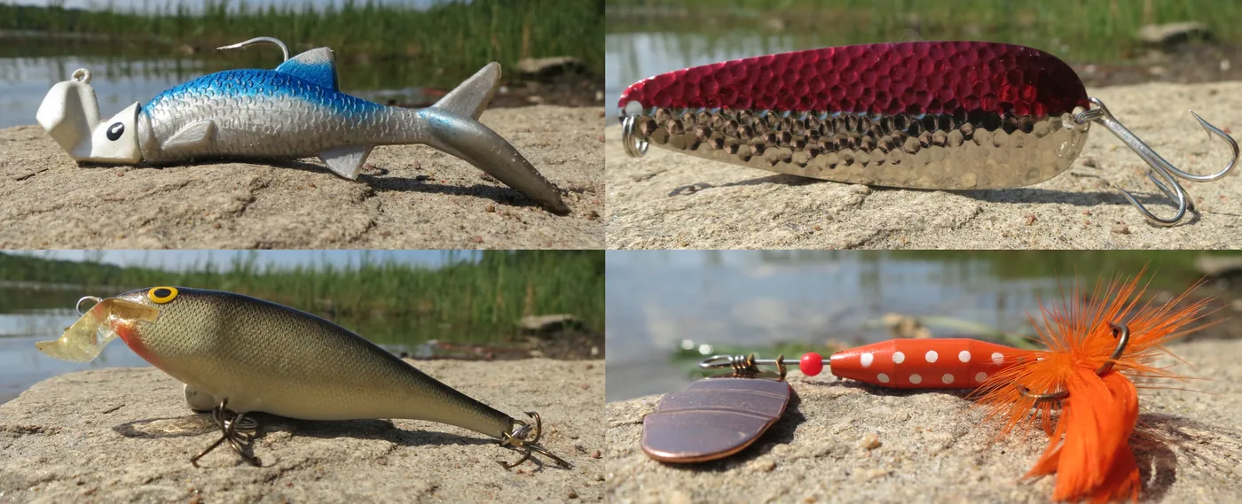 Quatro tipos de iscas artificiais: jig, colher, plug e spinner